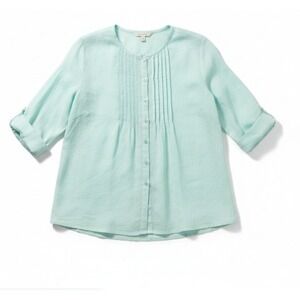 Eileen Fisher Linen Gauzy Pintuck Pleated Button Up Tunic Top Lagenlook Medium